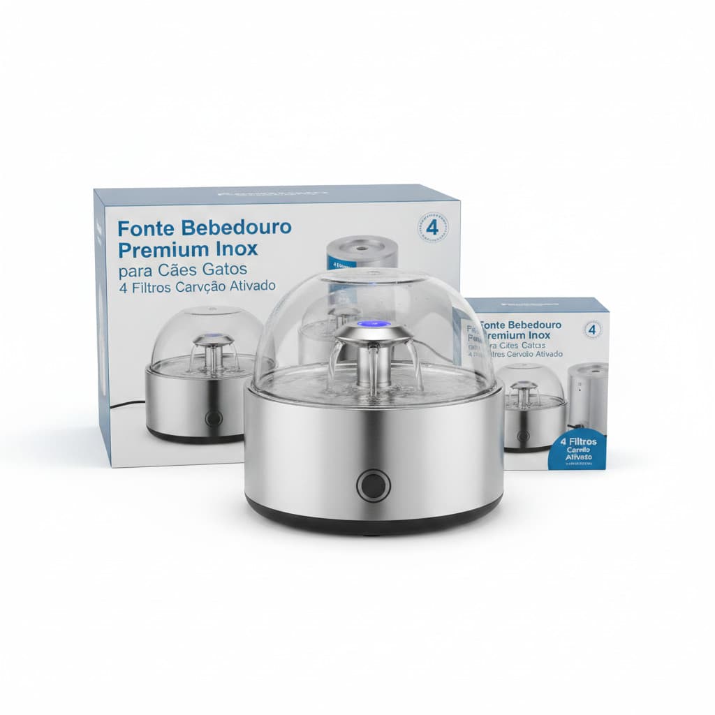 Fonte Bebedouro Premium Inox para Cães Gatos Flow Silencioso 4 Filtros Carvão Ativado