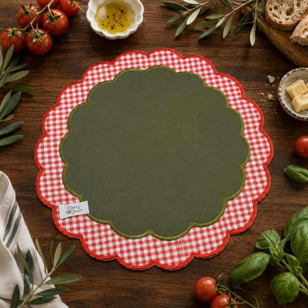Lugar Americano Itália Redondo Verde com Borda Xadrez para Mesa Posta