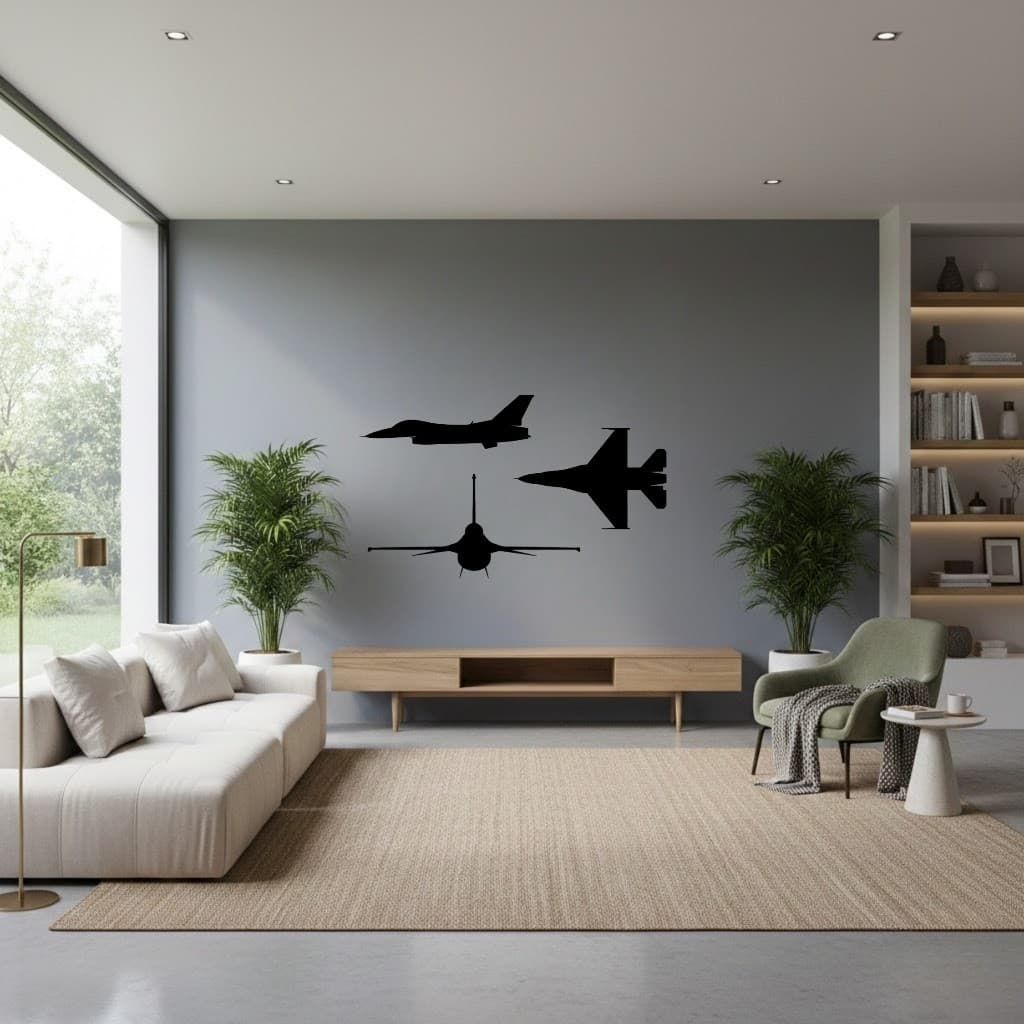Quadro Decorativo Silhuetas de Aviões Caça – MDF 60x30cm