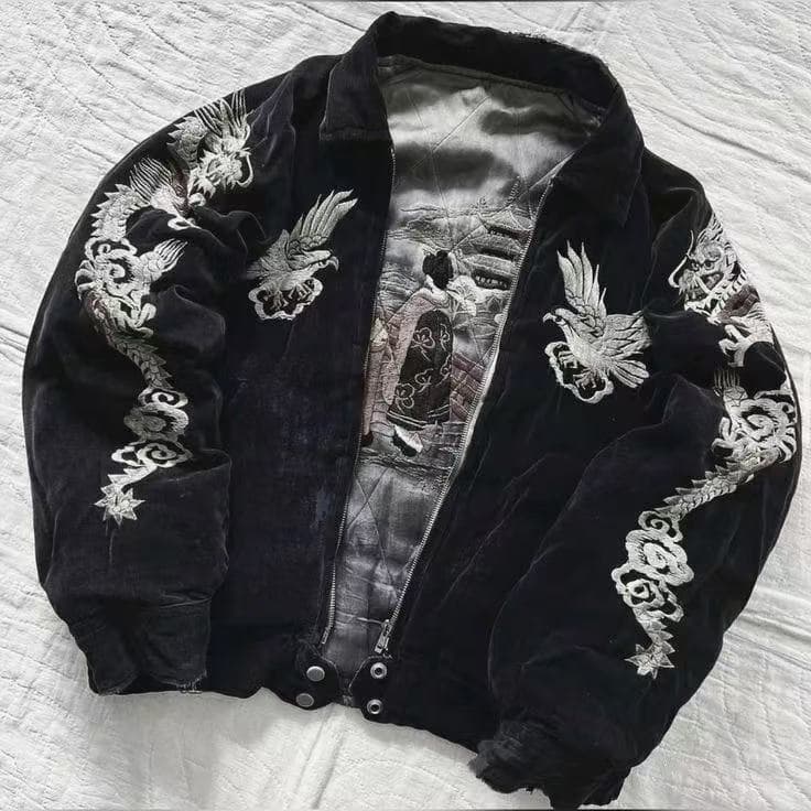 Roupas De Inverno Japonês Samurai Bordado Jaqueta Durável Retro Solto Casacos De Beisebol Preto Zip Up Jaquetas Streetwe