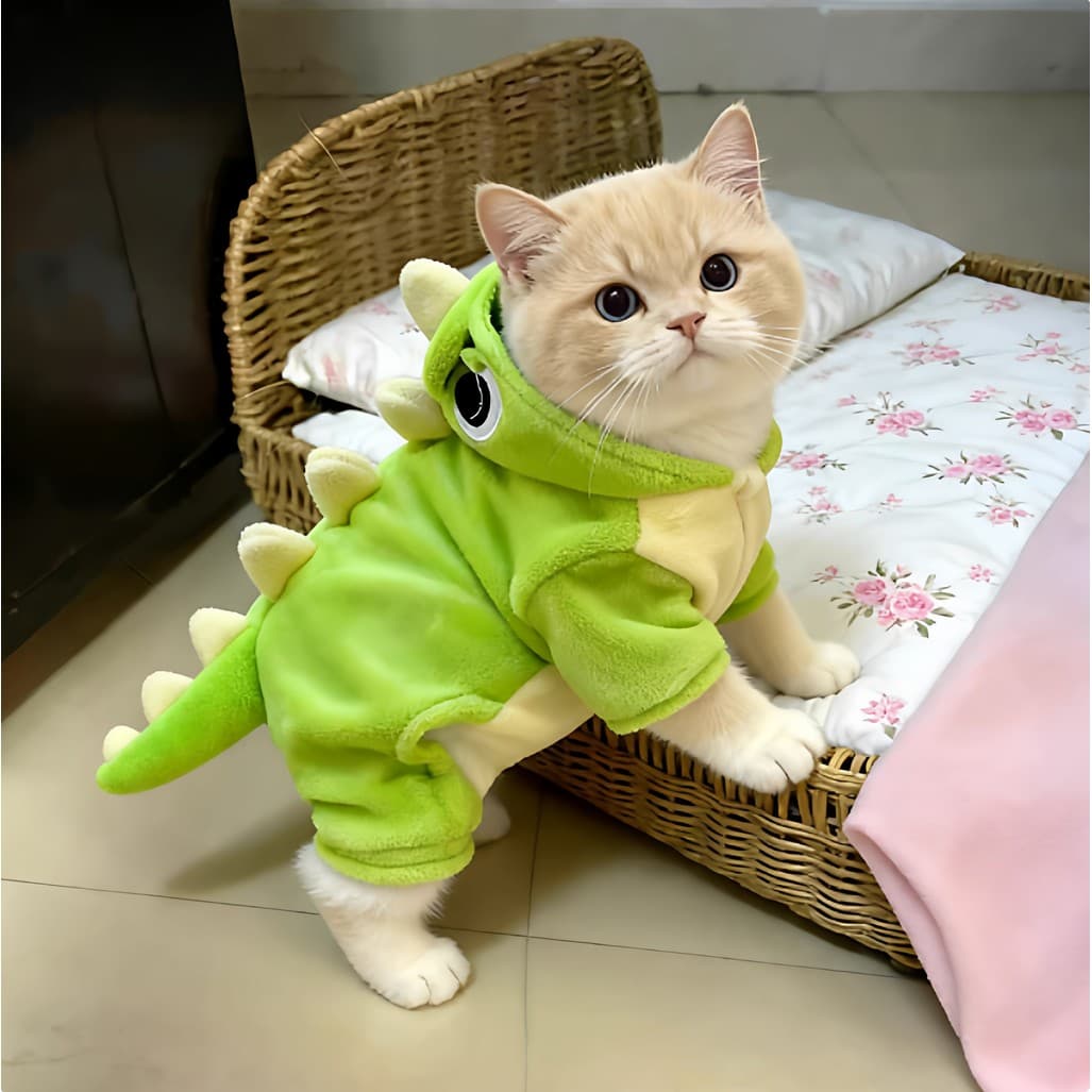 Gato japonês outono inverno bonito pequeno dinossauro transformação terno flanela de quatro patas cachorro quente engros