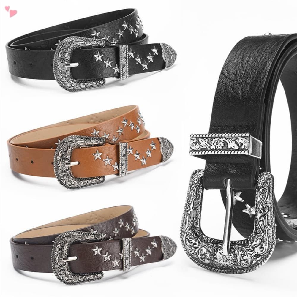 Cinto De Couro Vintage Ocidental Com Estrela Cravejada De Cowboy , PU Fivela Gravada Retrô , Ajustável Punk Rock Para Ho