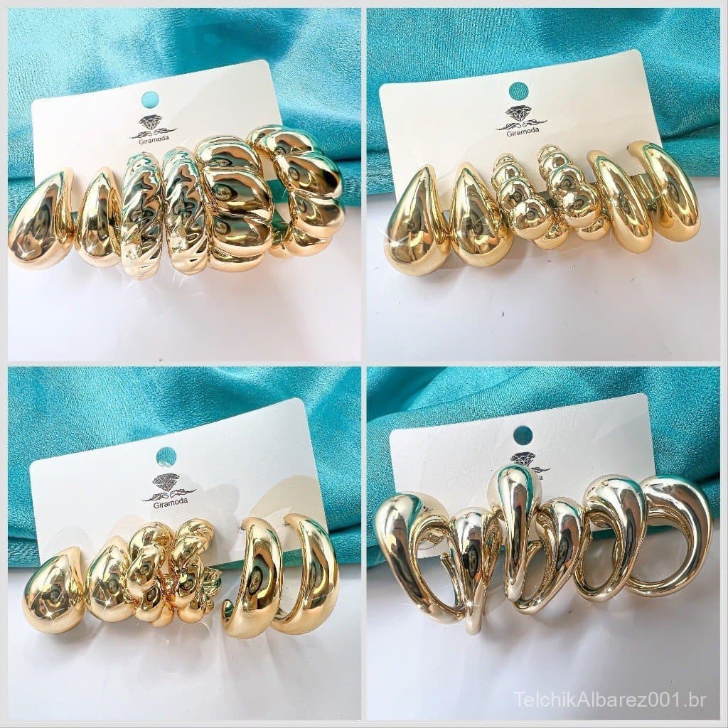 Brinco Trio Gota/Argola Trança Metal Folheado a Ouro 18k e Prata 925