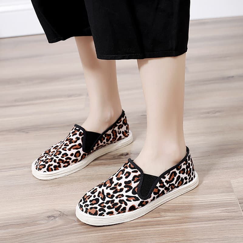 Sapatos de pano com estampa de leopardo feminino velho pequim veludo Melaleuca fundo elástico boca sapatos femininos fei
