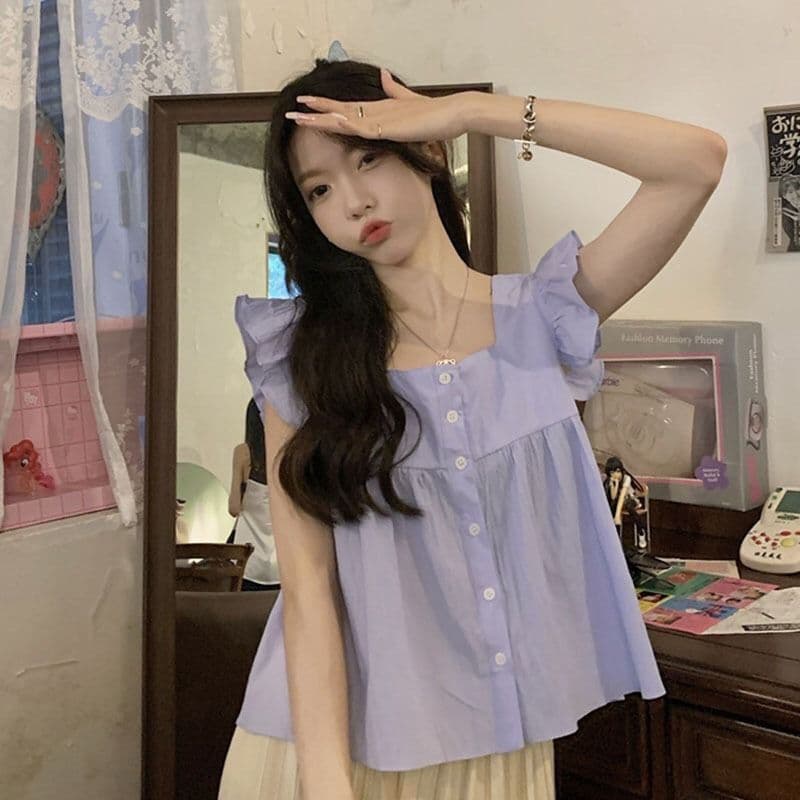 Estilo suave doce camisa do bebê pequena camisa de manga voadora feminina verão novo estilo Super fada pequeno homem sem