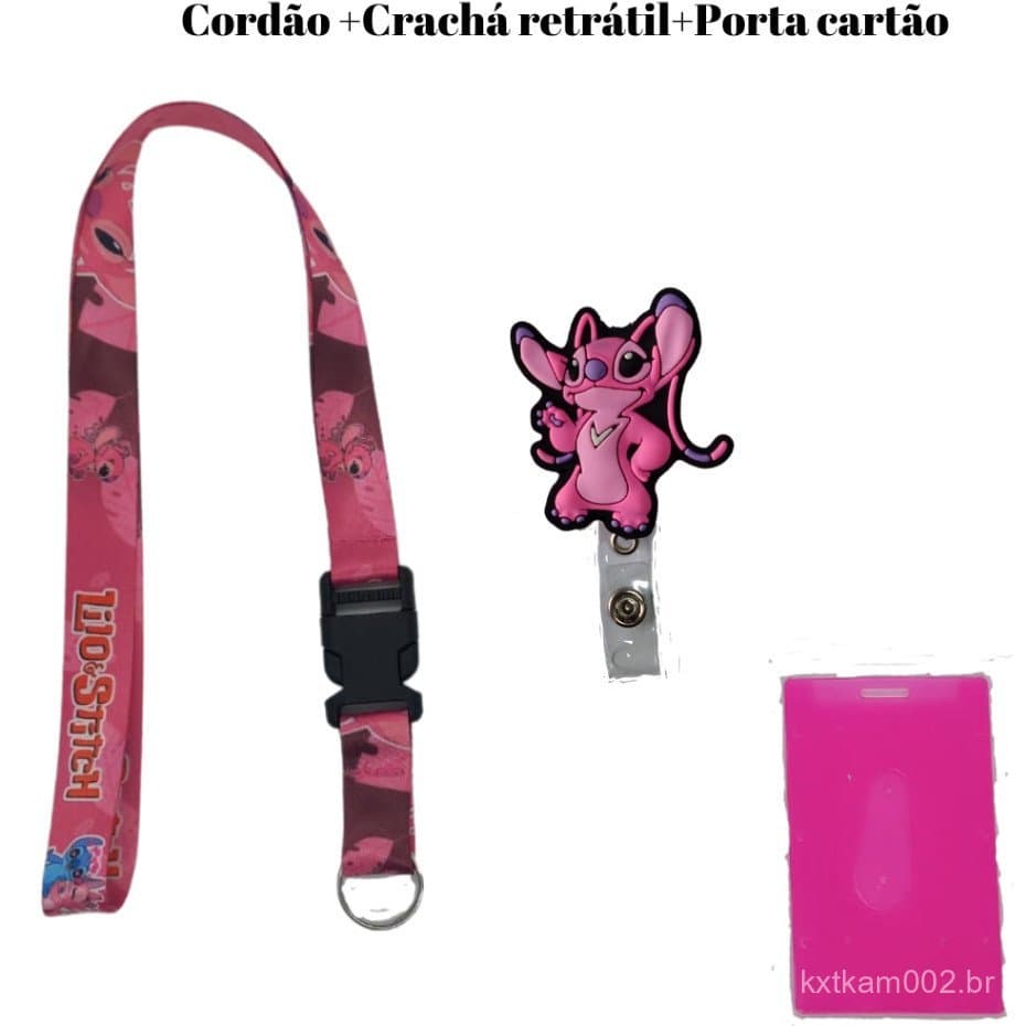 Kit Cordão Rosa com Fecho Engate Rápido + Porta Crachá Retrátil Personalizado Angel + Porta Cartão Rosa