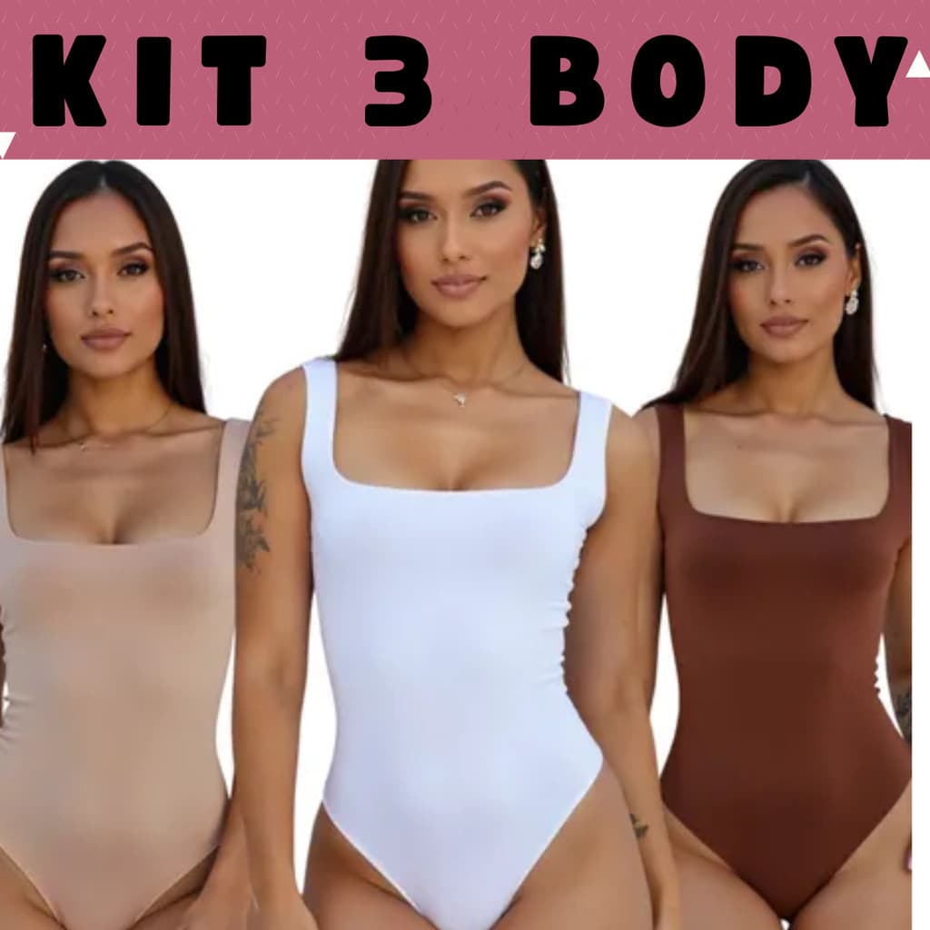 Kit 3 Body Feminino Decote Quadrado Suplex Alça Larga Básico Moda Casual