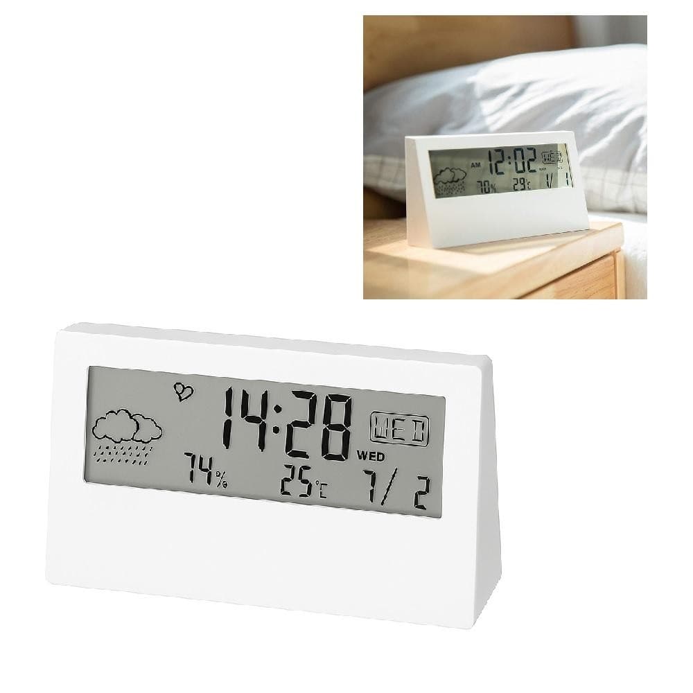 RELOGIO DE MESA DESPERTADOR DIGITAL MULTIFUNCAO TELA TRANSPARENTE LCD ILUMINADA SENSOR CLIMA TEMPERATURA UMIDADE BRANCO