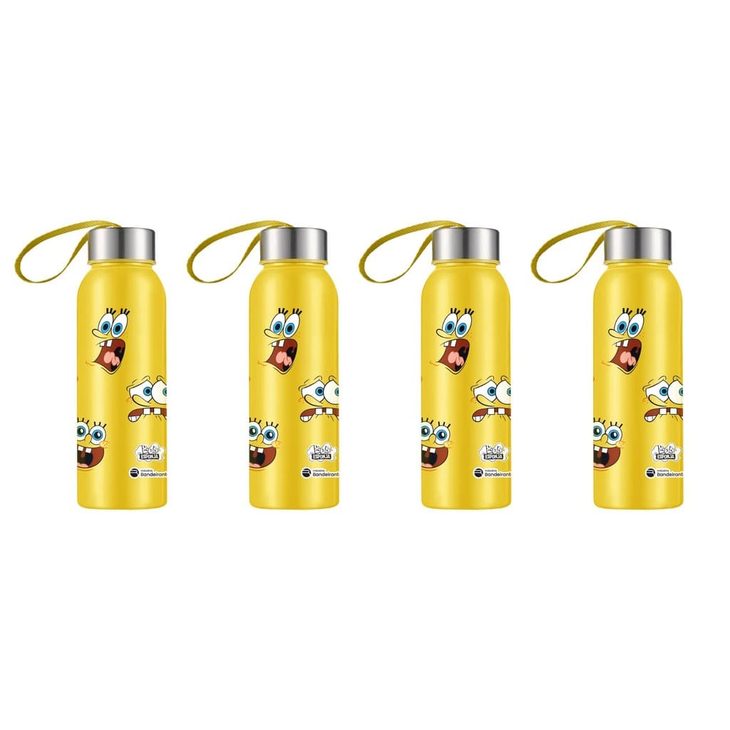 Kit 4 Squeeze Sport Plástico Amarelo Bob Esponja 500ml com Tampa Inox e Alça de Tecido