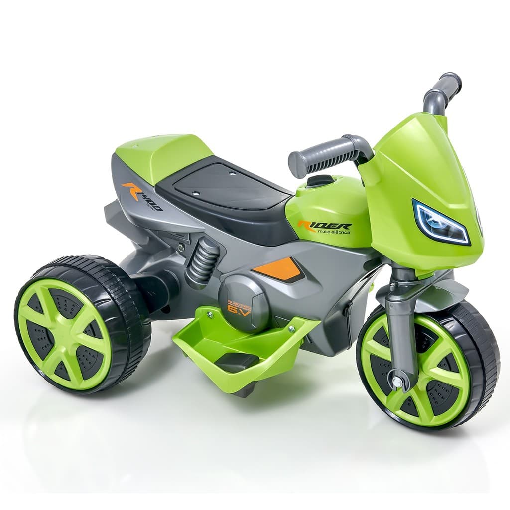 Moto Elétrica Rider Verde Metálico Recarregável 6V Bivolt Com Carregador Base De Apoio - Usual