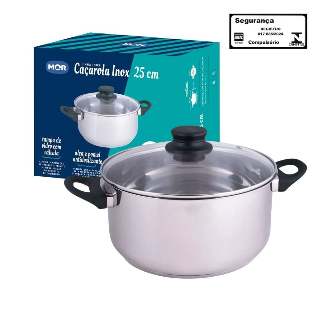Caçarola Panela de Inox Fundo Triplo 5,3 Litros De 25cm Tampa Vidro