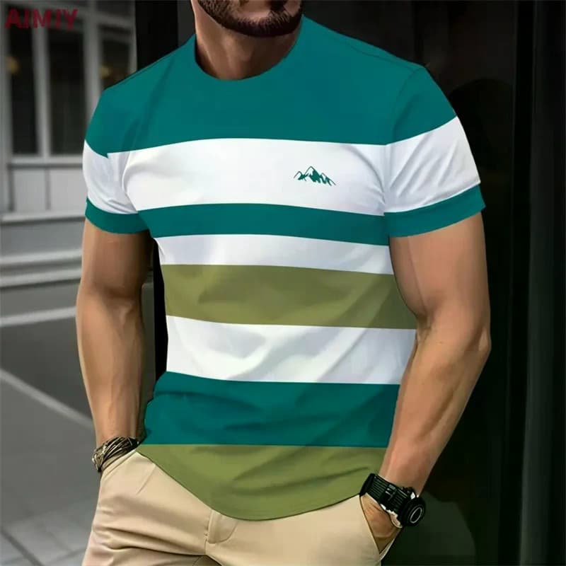 Verão Manga Curta Jogo Cor T Camisa Para Homens Moda Em Torno Do Pescoço Oversized Listrado Camisetas Roupas Masculinas
