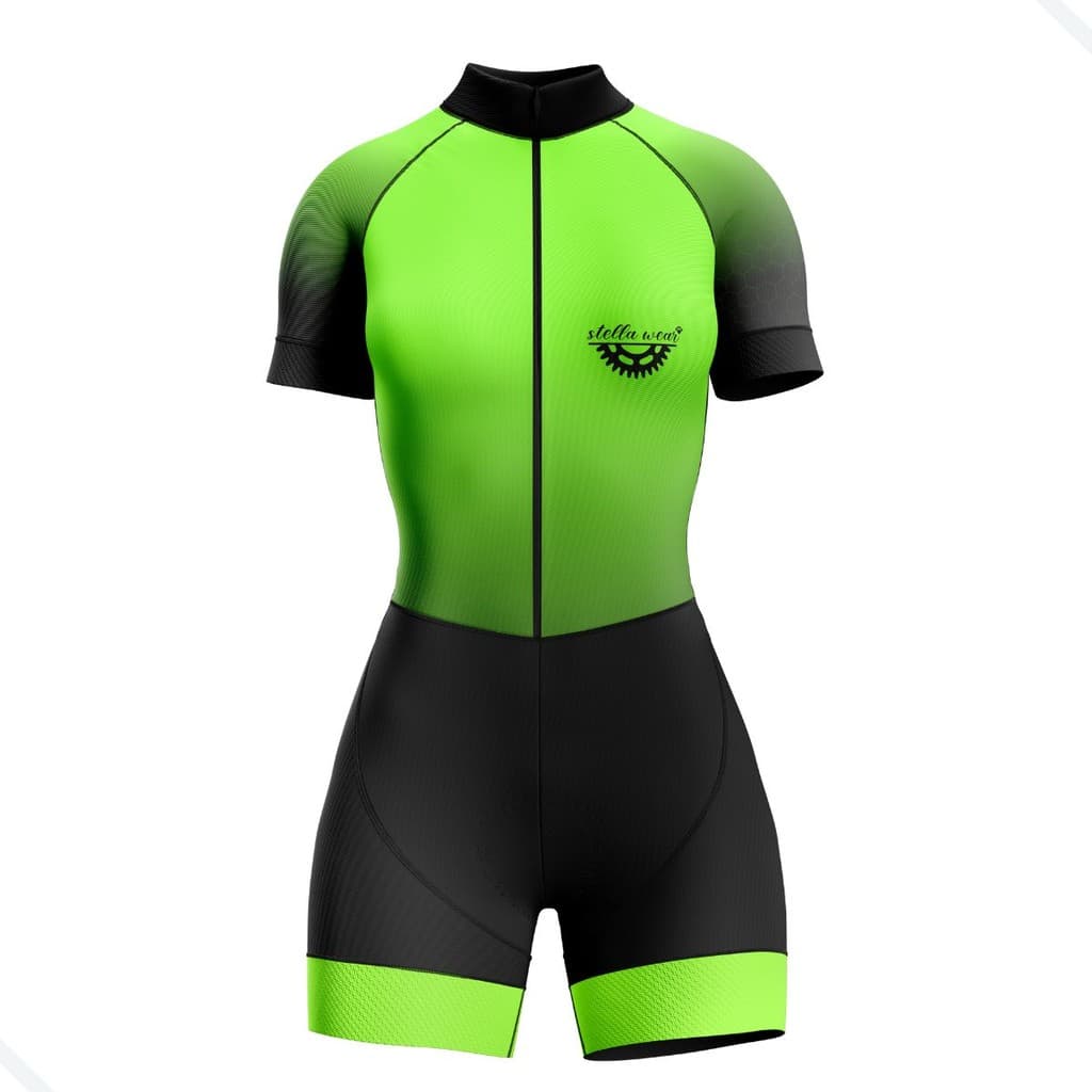Macaquinho Ciclismo Feminino Profissional Gel Acolchoado UV Proteção MTB Speed Stella Wear Verde Degradê