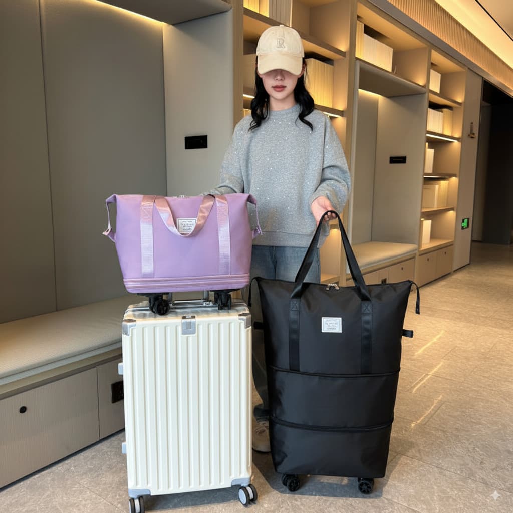 Bolsa de Viagem Dobrável com Rodinhas, Impermeável e Grande Capacidade Expandível