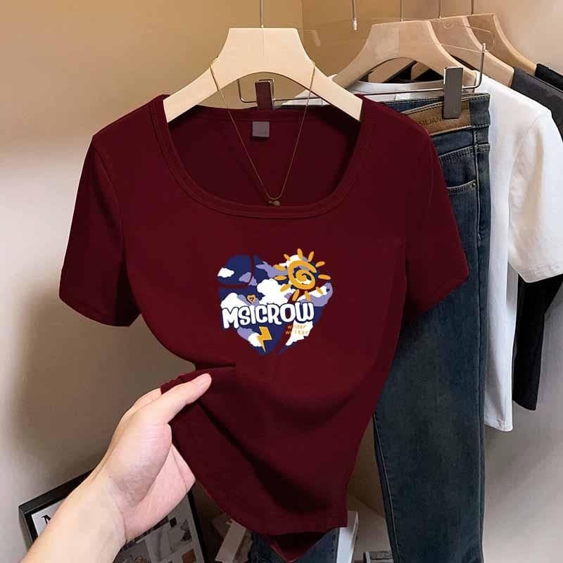 Coreano Quadrado Pescoço Recortado Camiseta Feminina Manga Curta Básico Baixo Corte Impressão Topos Plus Size Feminino S