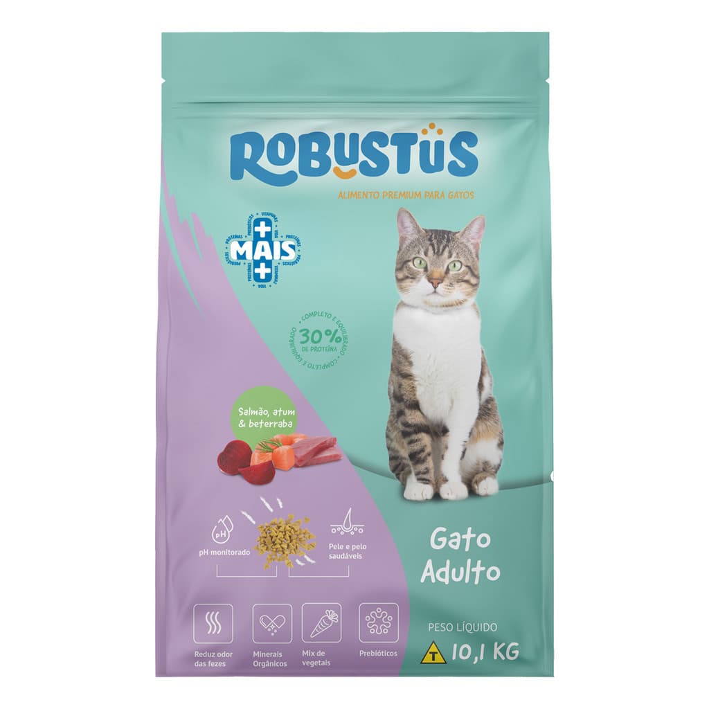 Ração Premium Linha +Mais Gato Gatos Adulto Atum Beterraba Salmão 10,1kg Sem Corantes Robustus