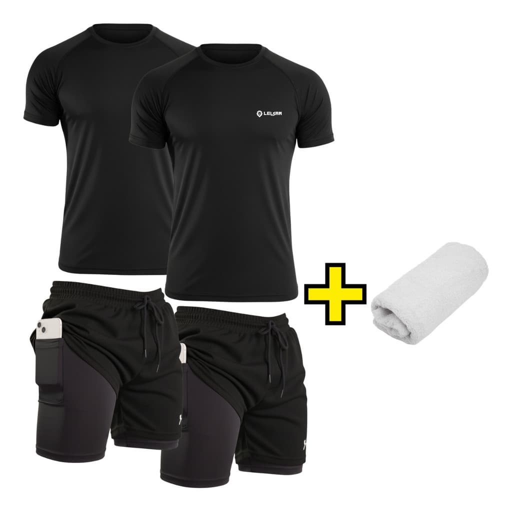 Conjunto 2 Camisas Térmicas manga curta Slim + 2 Shorts 2 Em 1 Fitness + Toalha treino Brinde