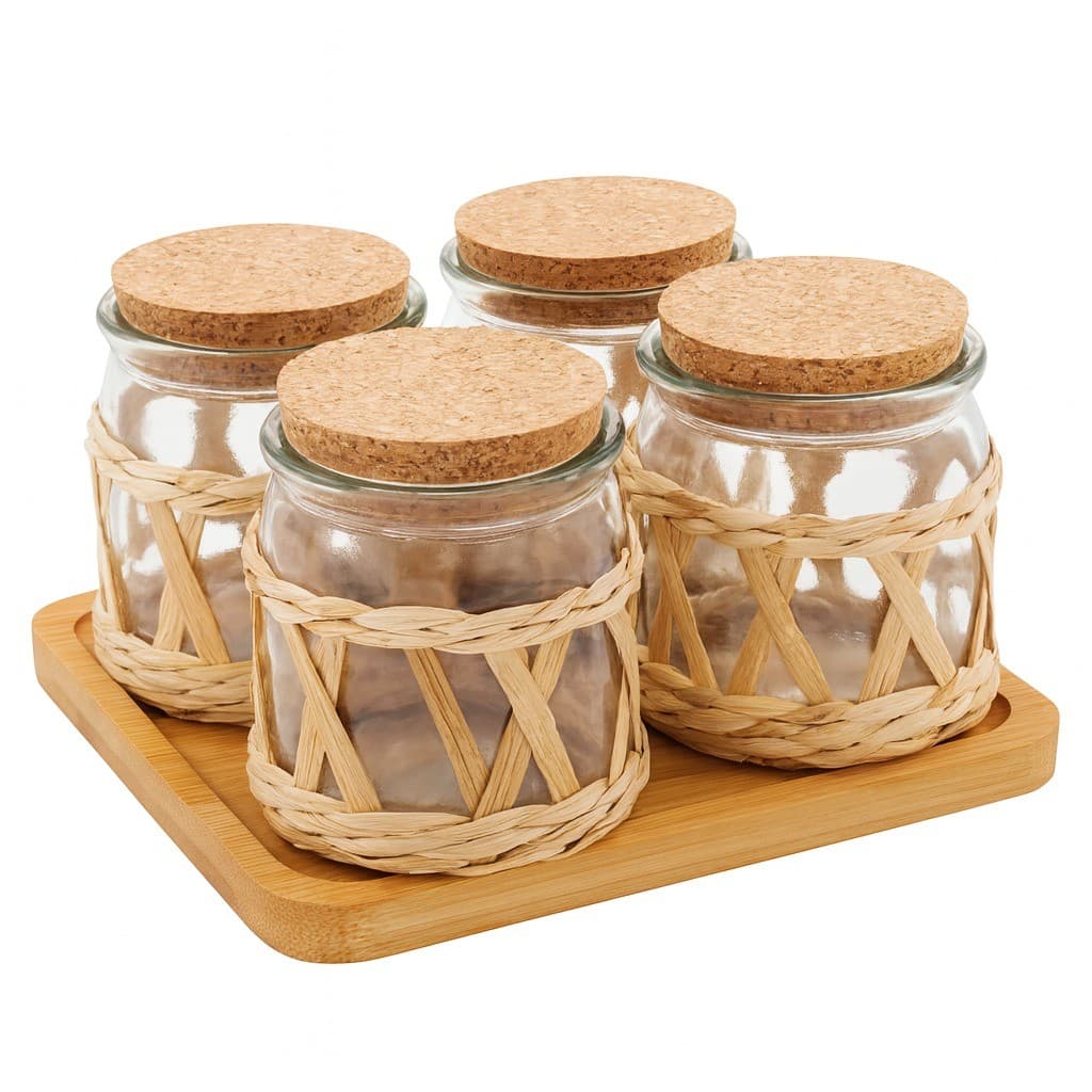 Conjunto  4 Porta Temperos Bandeja de Bambu Vidro com Fibra Natural e Tampa de Cortiça 190 ml -SRA