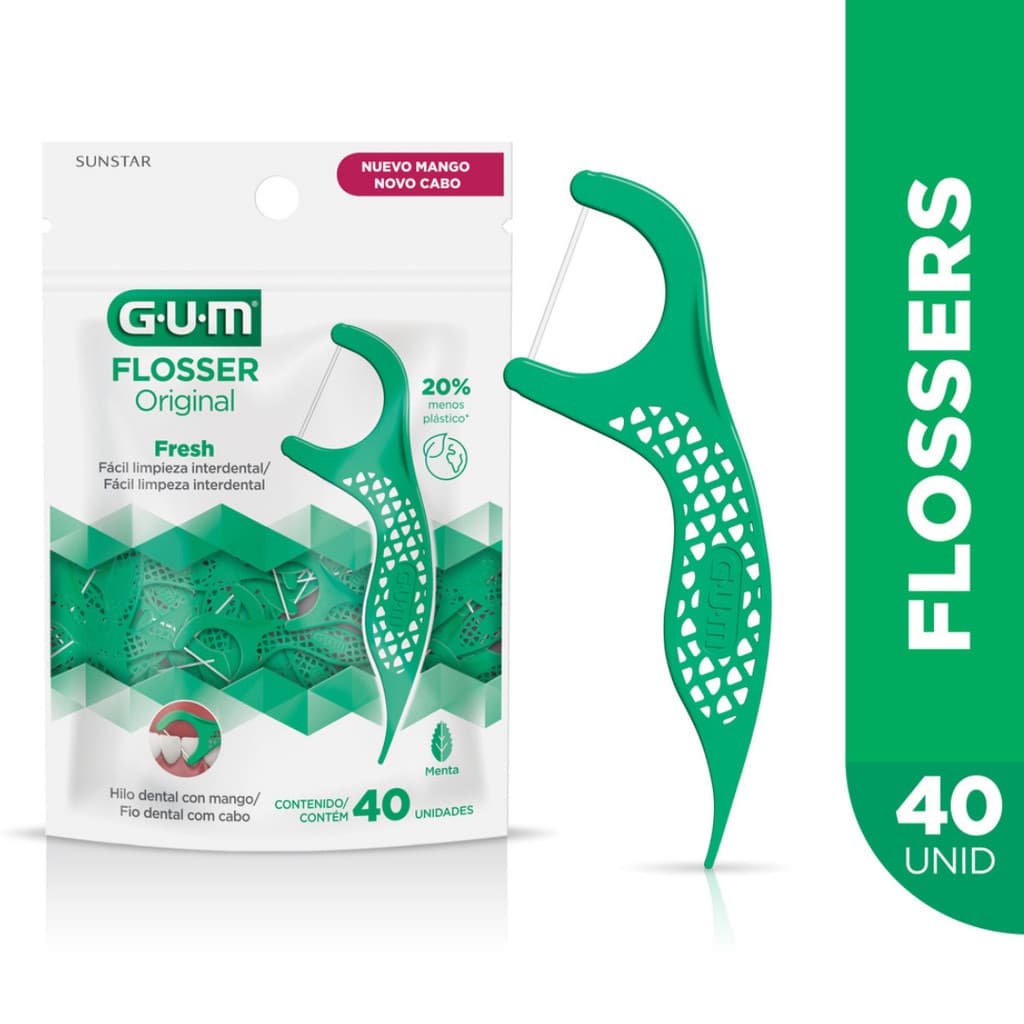 GUM Flosser Original 40 Unidades Fio Dental com Haste Limpeza Bucal Diária