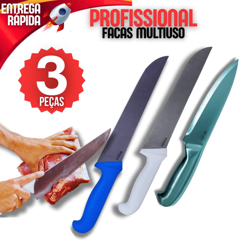 Kit 3 Facas Peixeira 7 Polegadas Faca 10 Polegadas Açougue Açougueiro Casa Cozinha Corte Afiado