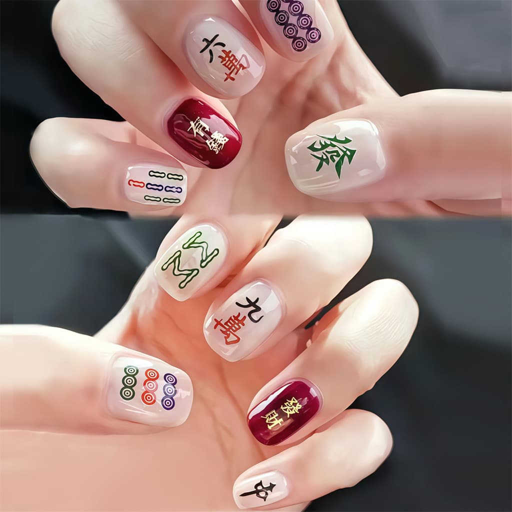 Ano novo vermelho vestindo unhas Mahjong fortuna manicure remendo rico dinheiro fortuna unhas falsas tamanho completo ma