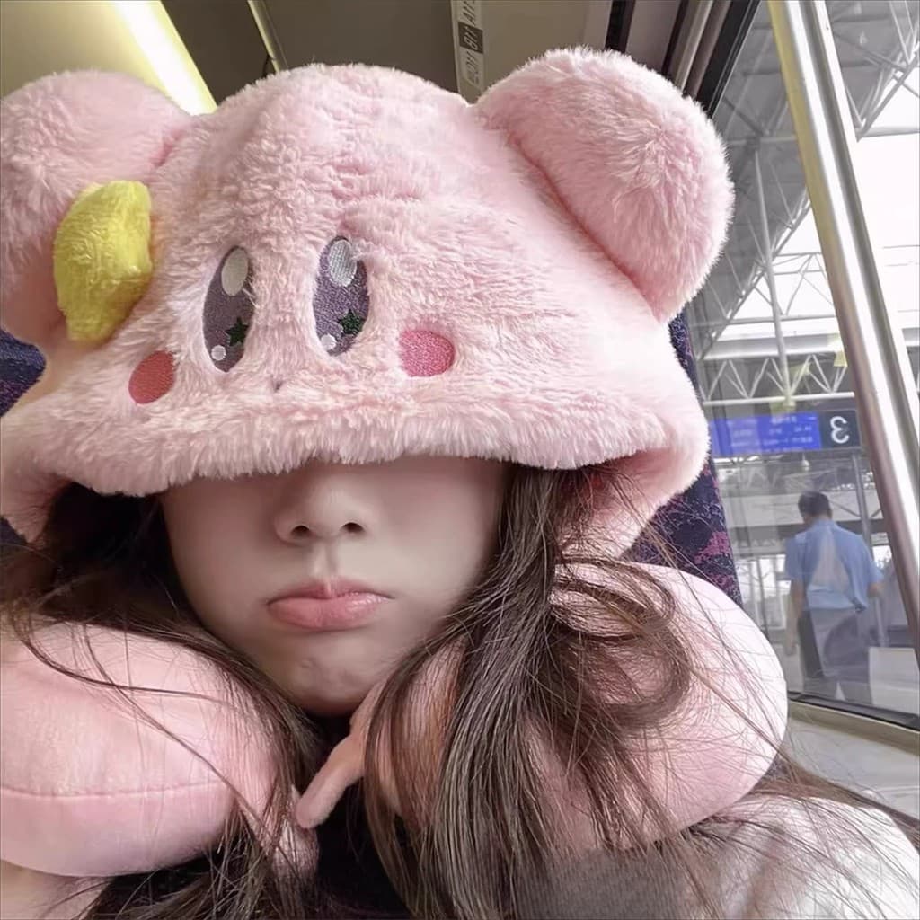 Ferramenta útil para dormir de alto trilho!Bonito rosa Kirby com capuz em forma de u travesseiro pescoço travesseiro avi