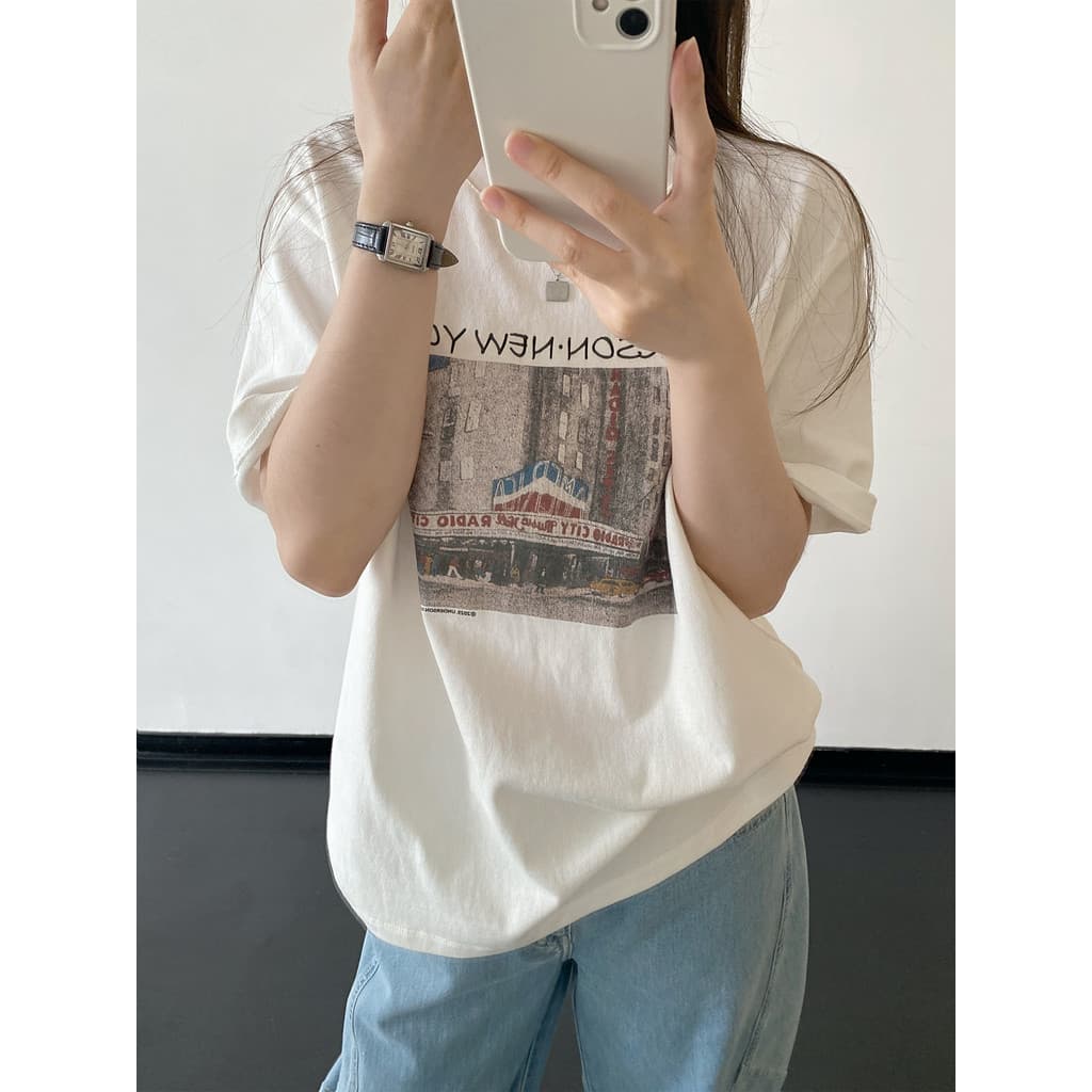 Sun Pomelo Retro versão coreana puro algodão de manga curta camiseta primavera verão Casual solto preguiçoso em torno do