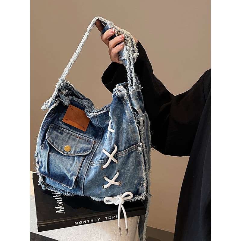 Wasteland estilo rasgado Denim grande saco feminino 2025 novo estilo moda Commuter sacola outono All-Match saco do mensa