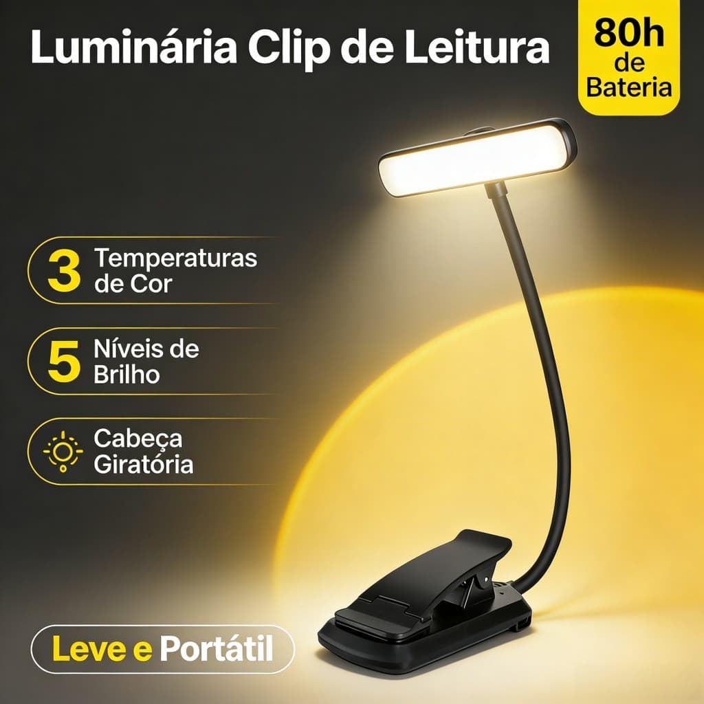 Luz de Leitura Recarregável com Clipe para Livro, Kindle e Cabeceira, 24 LEDs