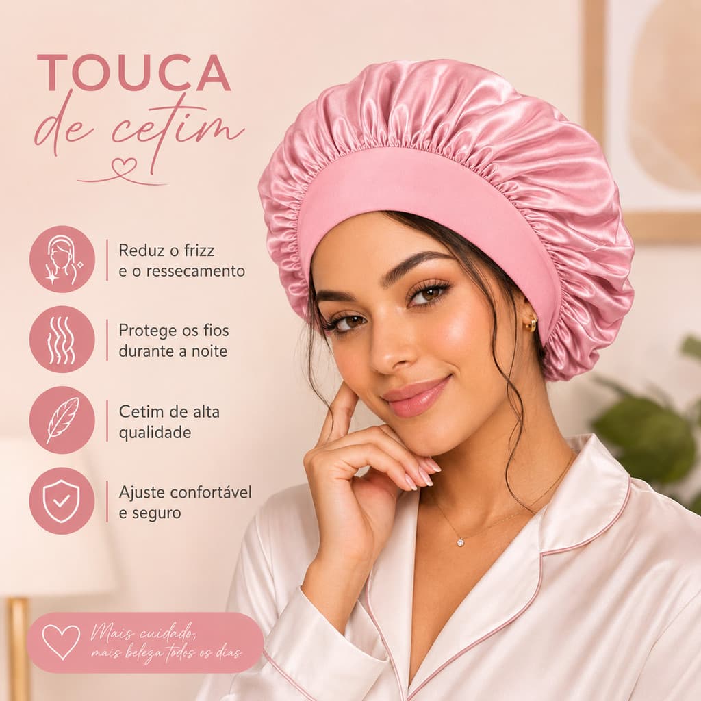 Touca de Cetim com Faixa Anti Frizz Macia  - Proteção noturna para todos os tipos de Cabelo