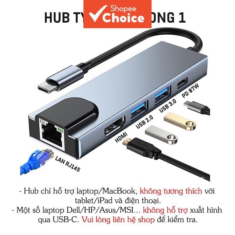 Adaptador Hub USB C, 5-em-1 com HDMI 4K, Porta Ethernet, 3 Portas USB 3.0, para MacBook Pro, iPad Pro, XPS, Pixelbook e