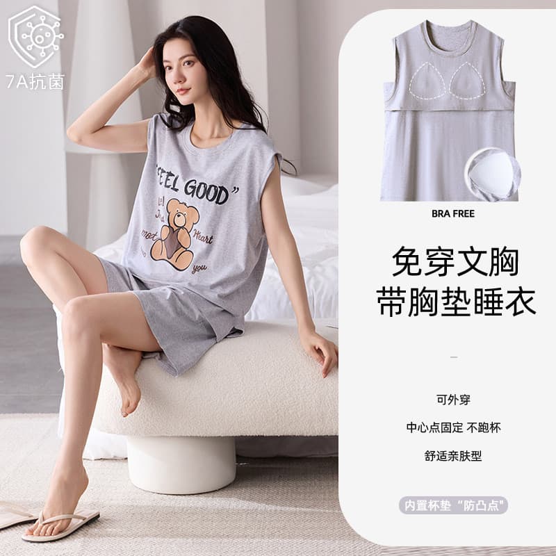 Pijamas femininos de algodão puro com almofadas no peito Terno para casa Tamanho grande Verão Estilo fino Confortável Pe