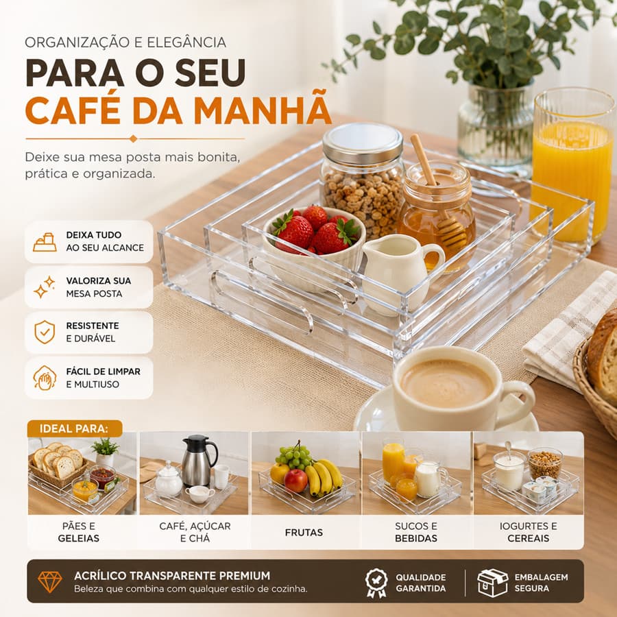 Kit 3 Bandejas Em Acrilico 45, 35 E 25 Cm feita em acrilico alta qualidade para café da manhã