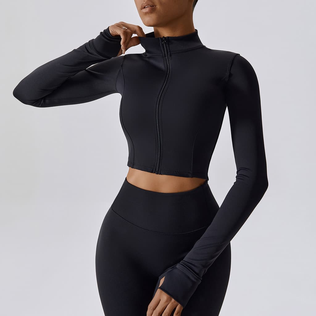 Mao's Home Zipper Outdoor Running Sports Yoga Slimmer Look Fitness Stand-Up Collar Pulôver Dedo Manga Longa