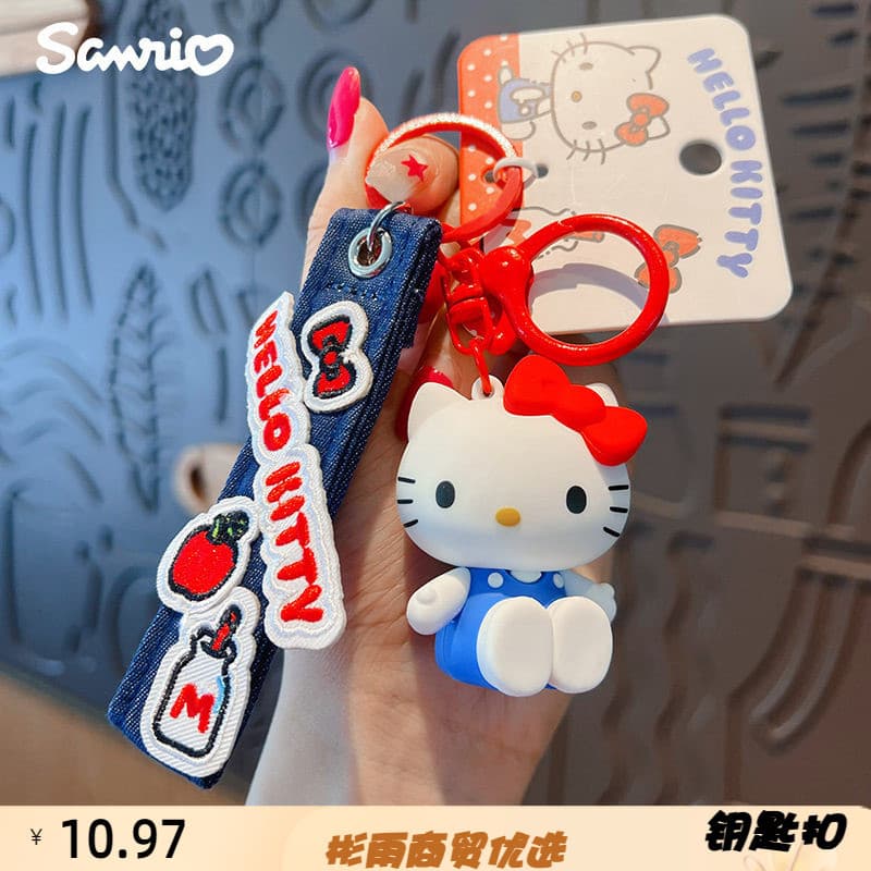 Genuíno Hello Kitty Denim Chaveiro Boneca Pingente Bolsa Chaveiro Pingente