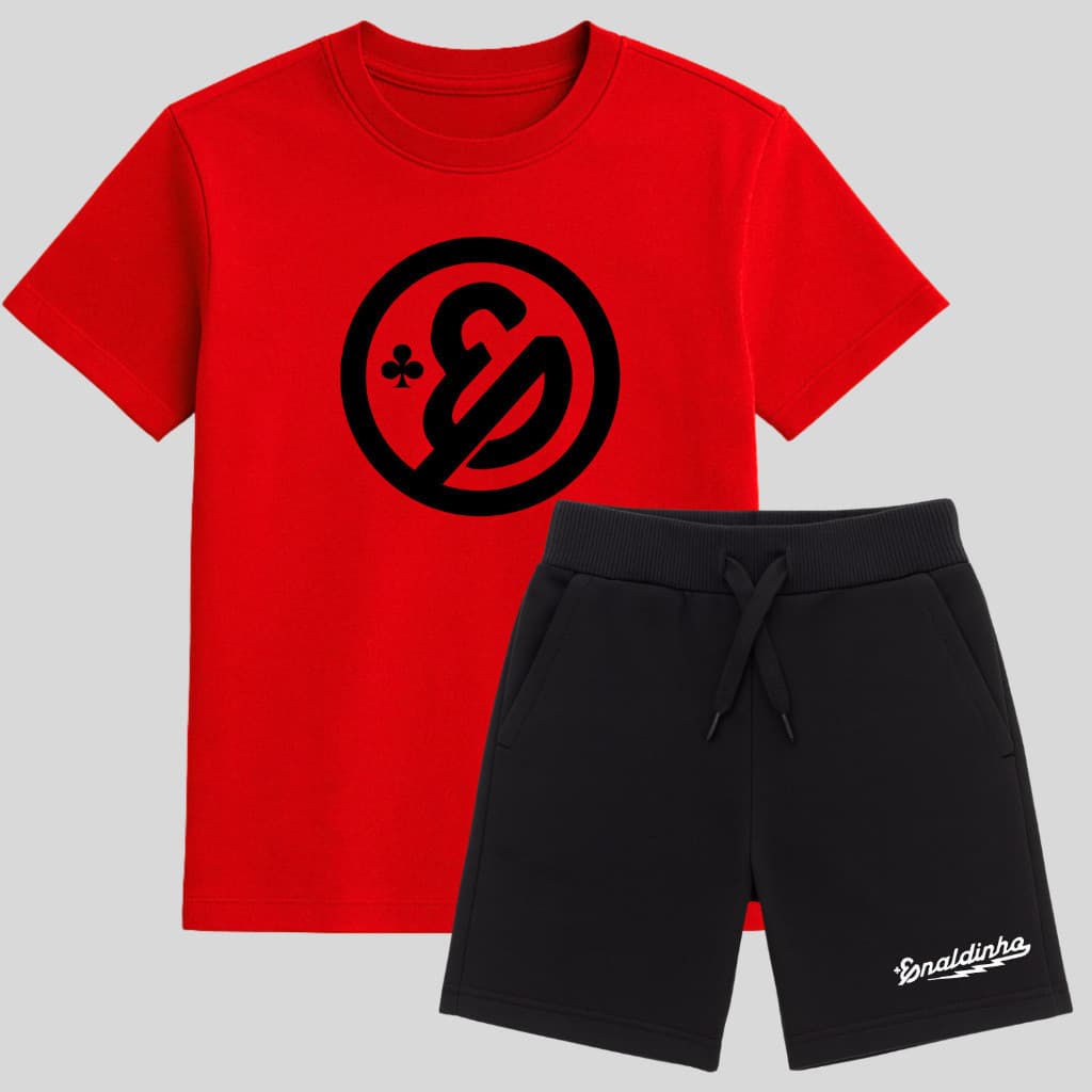 Kit Conjunto Lindo 2 Peças Camisa Algodão e Bermuda Moletom Infantil Enaldinho Youtuber Camiseta 100% Algodão Premium