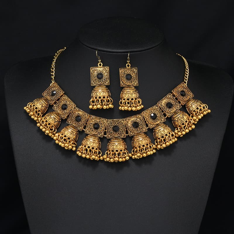 Afegão Vintage Tribal Gold Declaração De Cor Colar De Ouro Gargantilha Indiano Conjuntos De Brincos Colares Geométricos