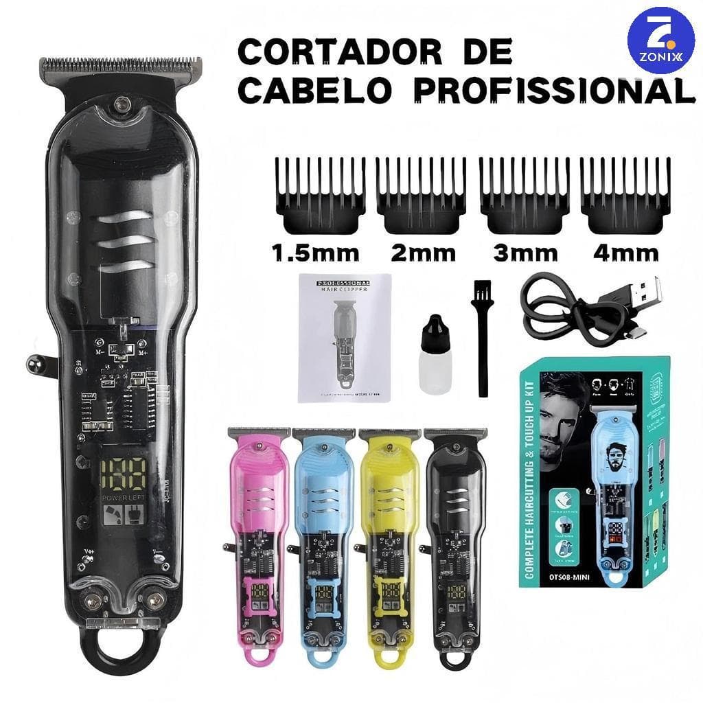 Máquina De Cortar Cabelo Profissional Smart Lcd Barbeador Elétrico Transparente Sem Fio-Zonix