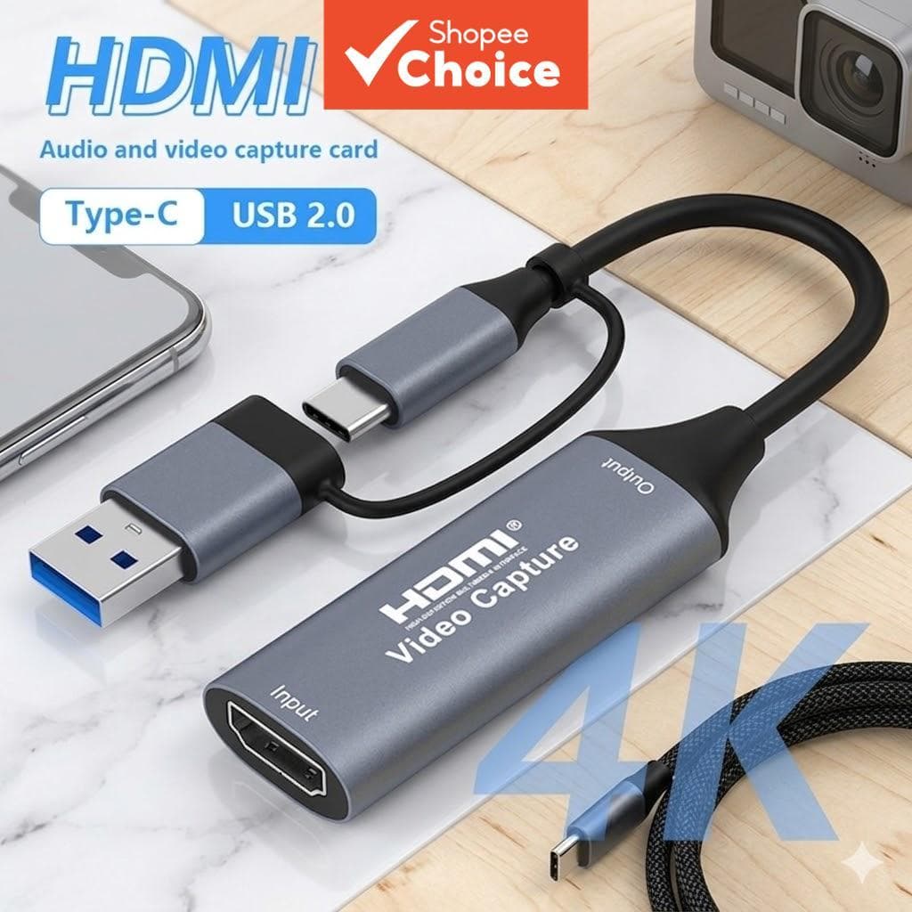 Placa de captura de áudio e vídeo HDMI 2 em 1, interface USB 2.0 Tipo-C 4K HD, para laptop