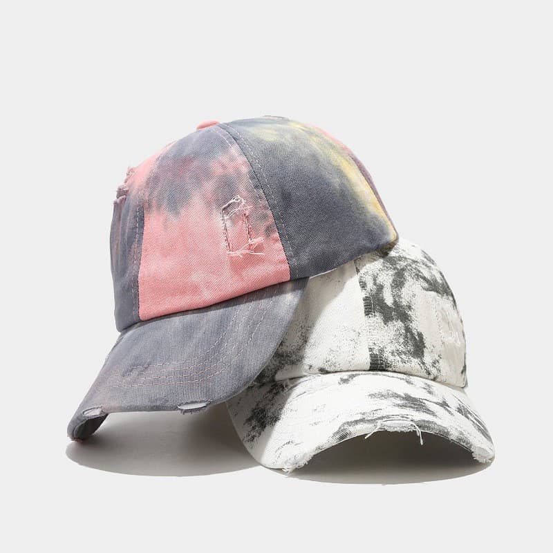 [Estoque pronto] Boné de beisebol Tie-Dye masculino rasgado Hip-Hop buraco curvo chapéu feminino esportes ao ar livre ca
