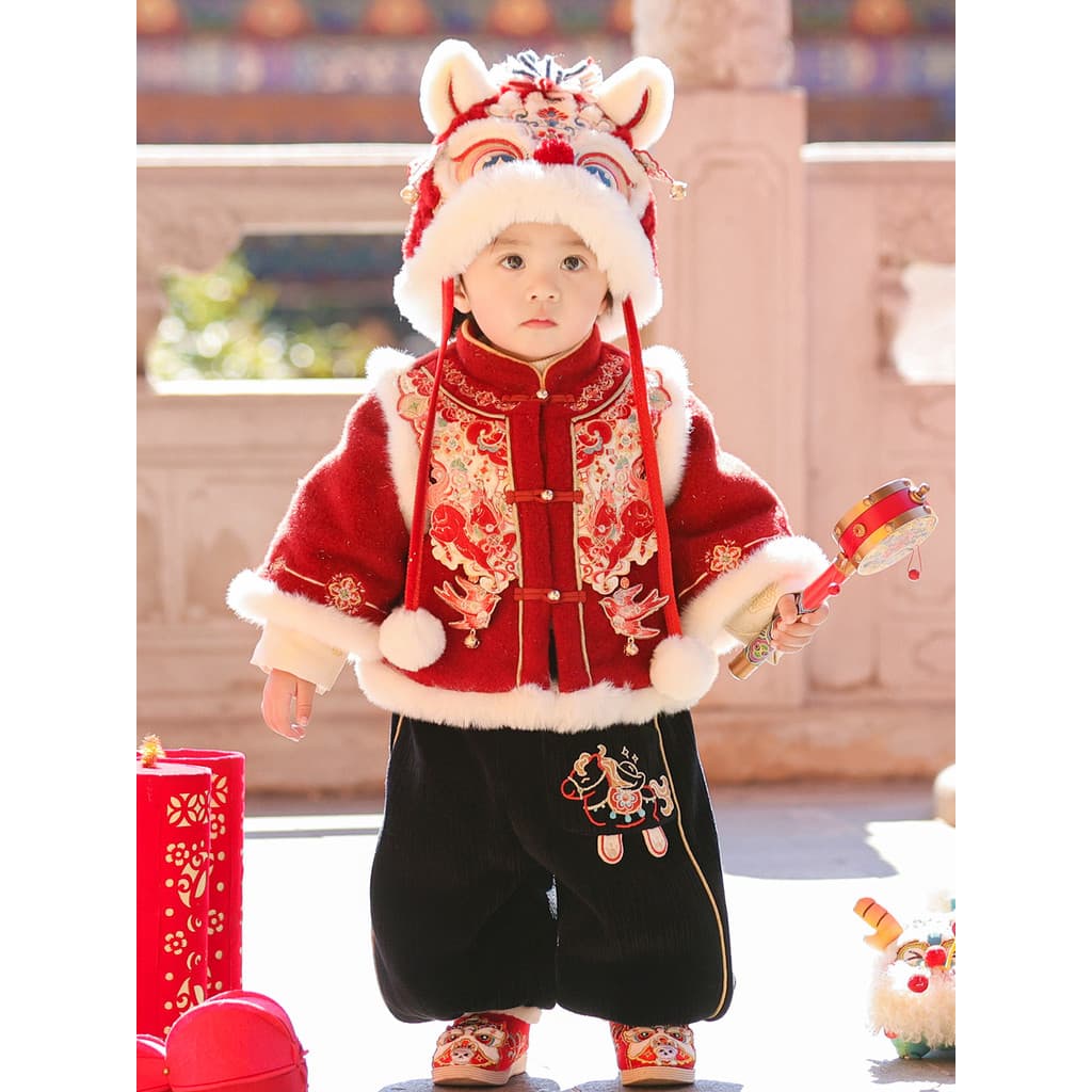 Hanfu meninos 2026 novo estilo infantil traje antigo vermelho roupas de ano novo festivo menino de um ano vestido de beb