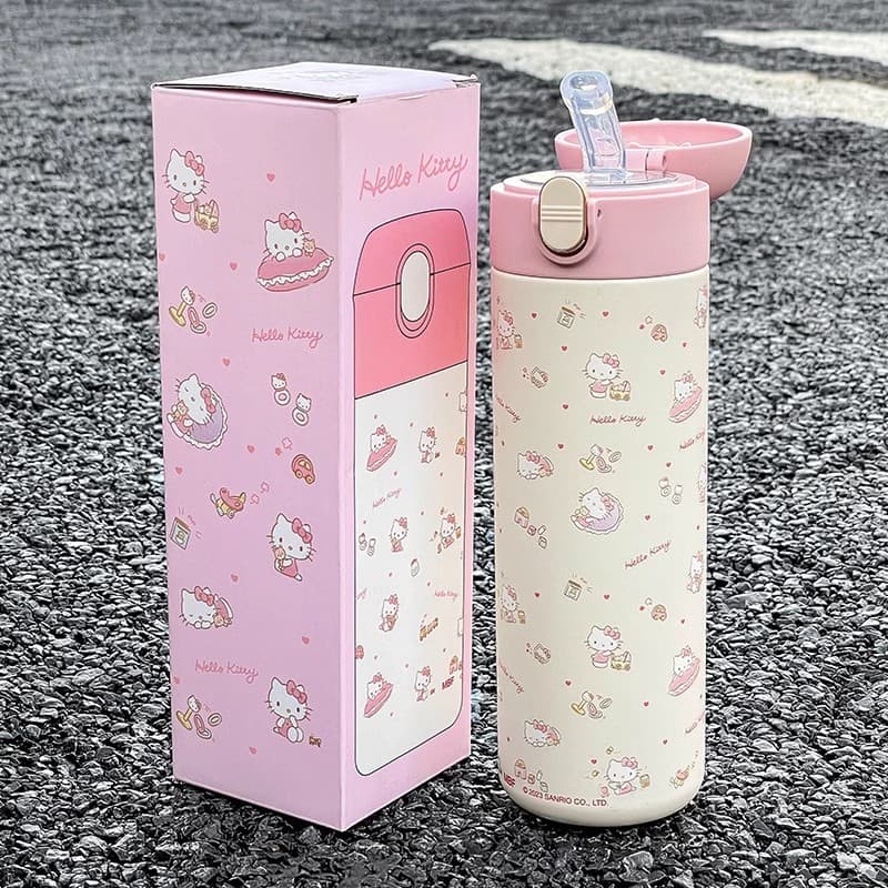Copo térmico de palha Hellokitty feminino copo de água Sanrio de alto valor fofo copo de estudante de aço inoxidável 316