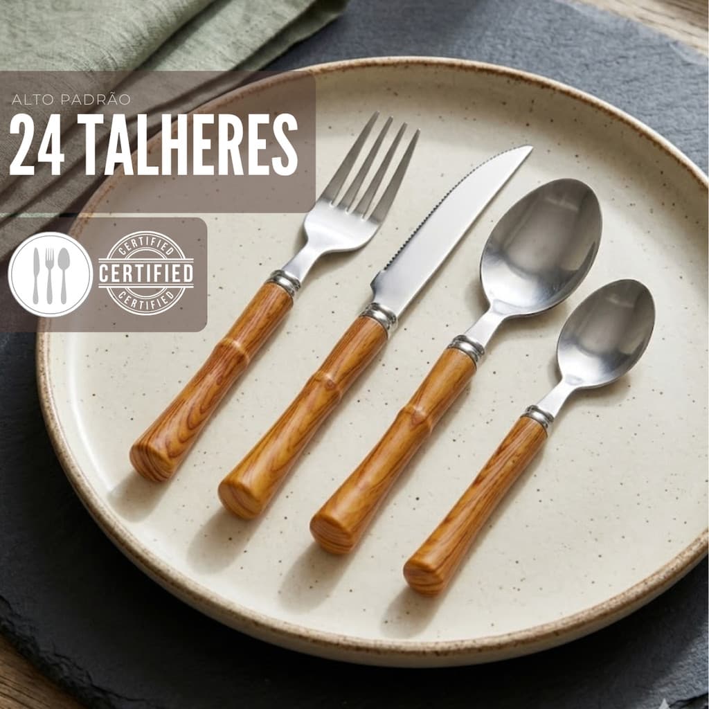Jogo de Talheres Cabo Bambu 24 peças Aço Inox Facas Garfos e Colheres de Mesa Casa Para Restaurante