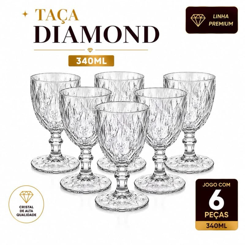 Jogo Taças Vidro 340Ml Diamond Bico Jaca Abacaxi Conjunto Taça Para Água Vinho Tinto Suco Diamante