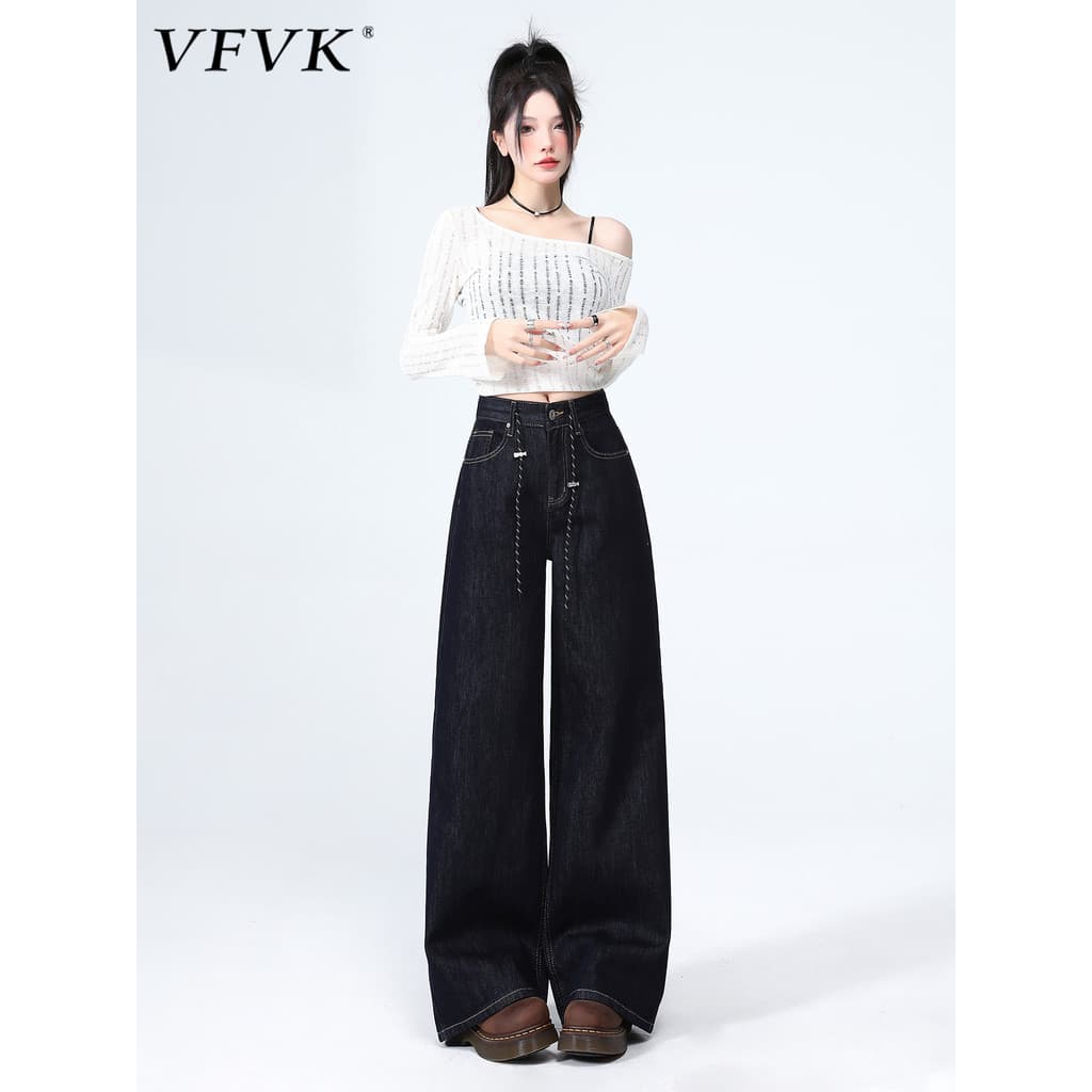 Vfvk Denim azul calças de perna larga feminina 2026 novo estilo primavera americano high Street cordão cintura alta estr