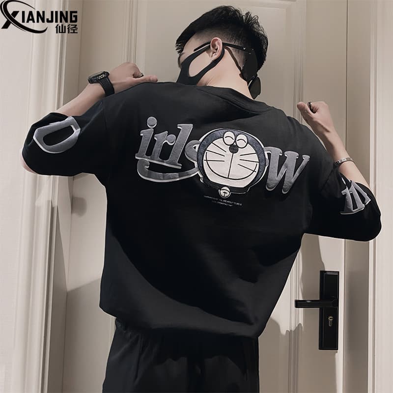 Influencer Street Wear Bonito Fried Street Camiseta de manga curta masculina na moda Casual solto desenho animado estamp