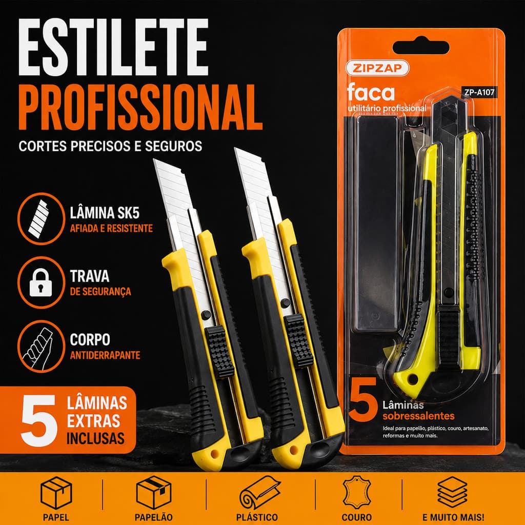 Kit Estilete Profissional Retrátil SK5 com 4 Lâminas Extras Aço Carbono Cortador de Caixa Resistente ZIPZAP