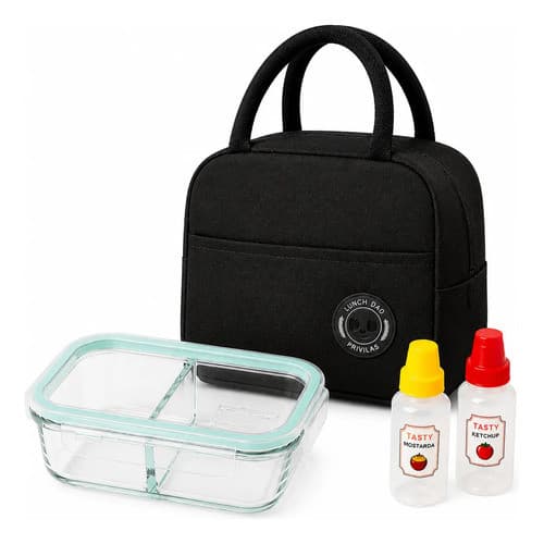 Kit Marmita Vidro 1040ml Bolsa Termica Brinde Mini Bisnagas Preto
