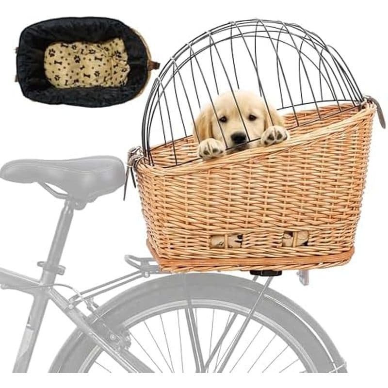 Cesta Traseira De Bicicleta Para Cães , Porta-Bicicletas De Vime Animais De Estimação E Gatos Com Forro De Grade Proteto