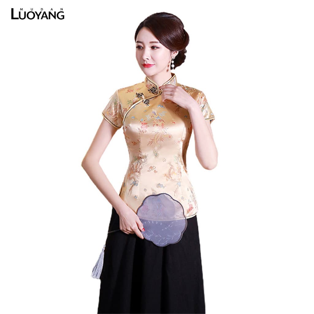 Mulheres Cheongsam Camisa Dragão Phoenix Impressão Estilo Chinês Verão Outono Lado Split Gola Topo Para Banq